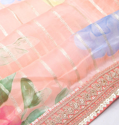 Organza Floral Printed And Lines Peach Saree