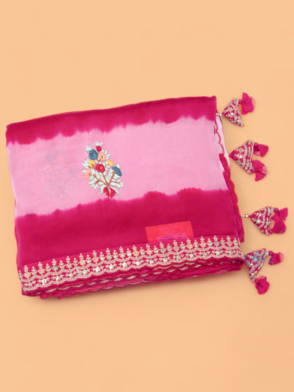 Satin Silk Embroidery Pink And White Saree