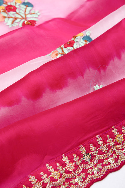 Satin Silk Embroidery Pink And White Saree
