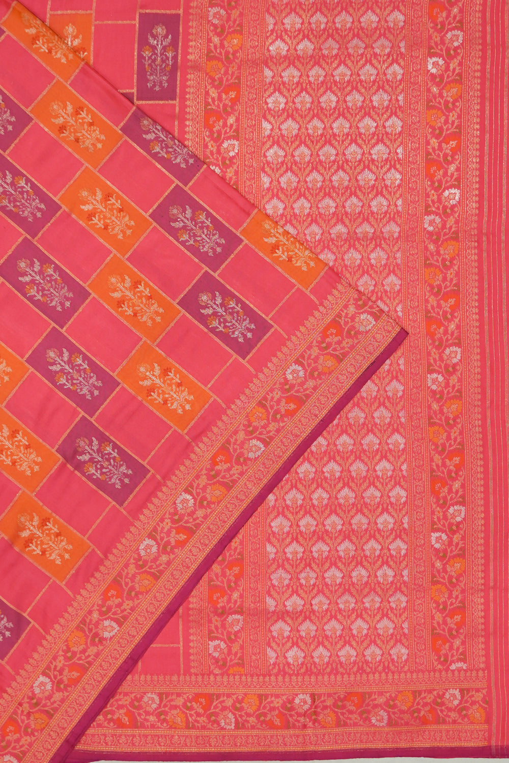 Banarasi Silk Checks And Butta Pink Saree