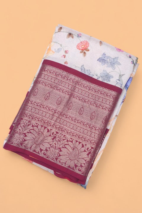 Soft Silk Floral Printed White Saree
