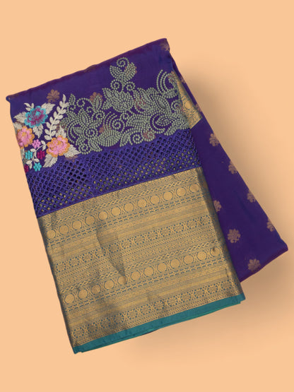 Soft Silk Butta Dark Blue Saree With Cut Work