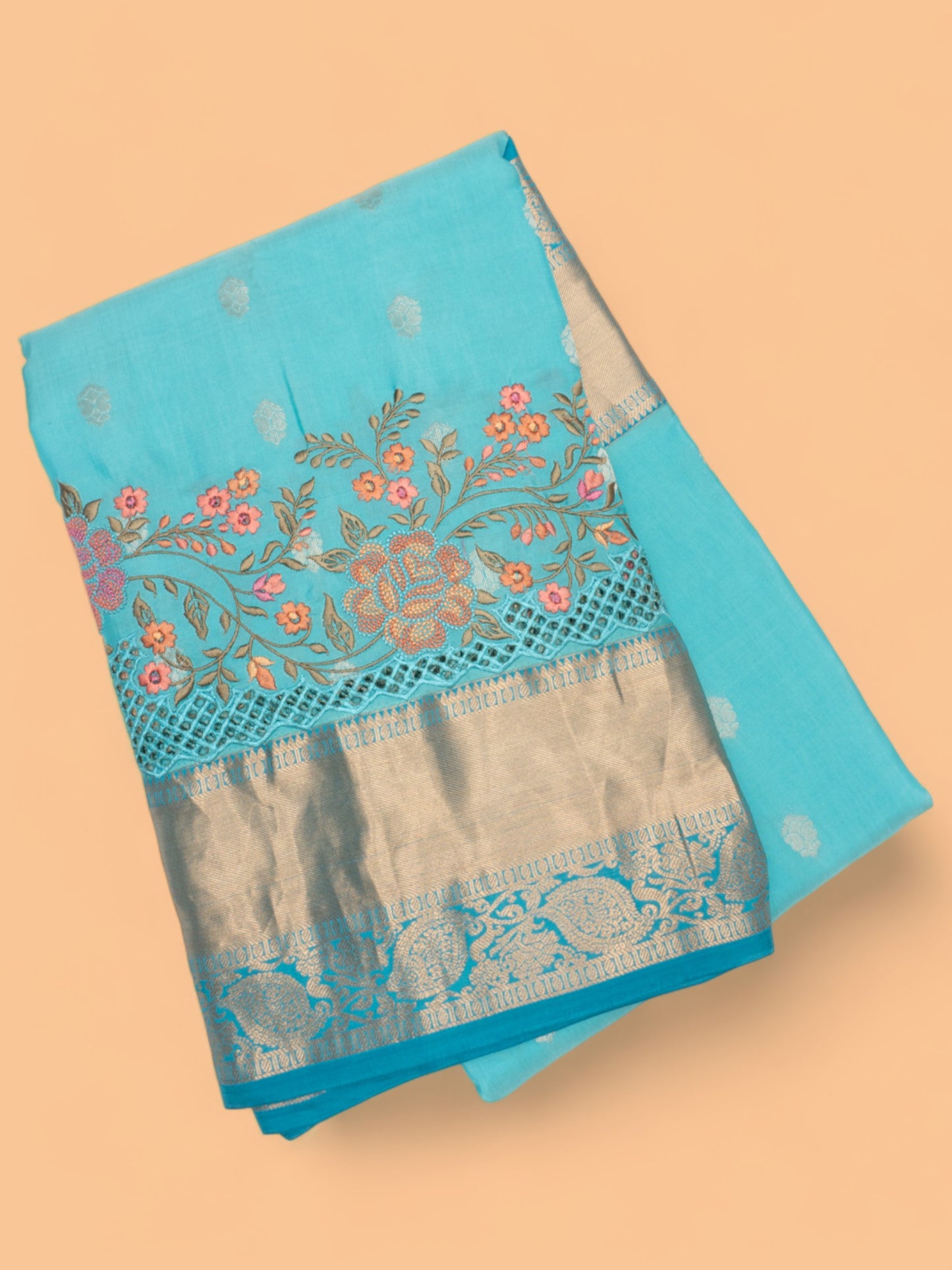 Soft Silk Butta Sky Blue Saree With Cut Work