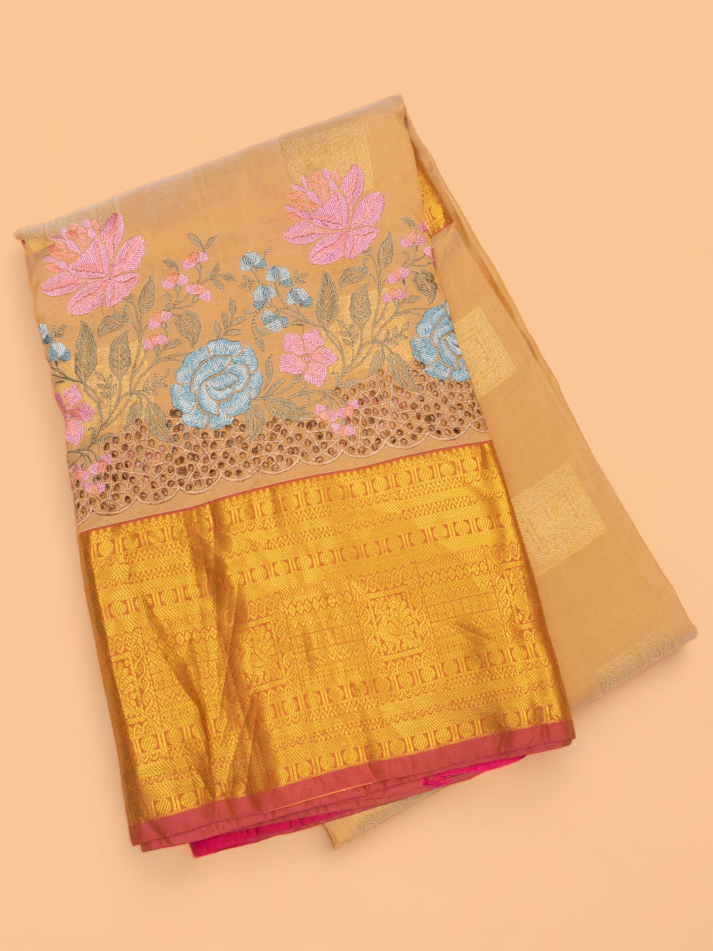 Soft Silk Butta Cream Saree With Cut Work