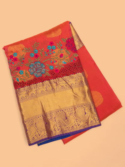 Soft Silk Butta Orange Saree With Cut Work