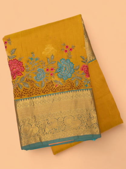 Soft Silk Butta Mustard Yellow Saree With Cut Work