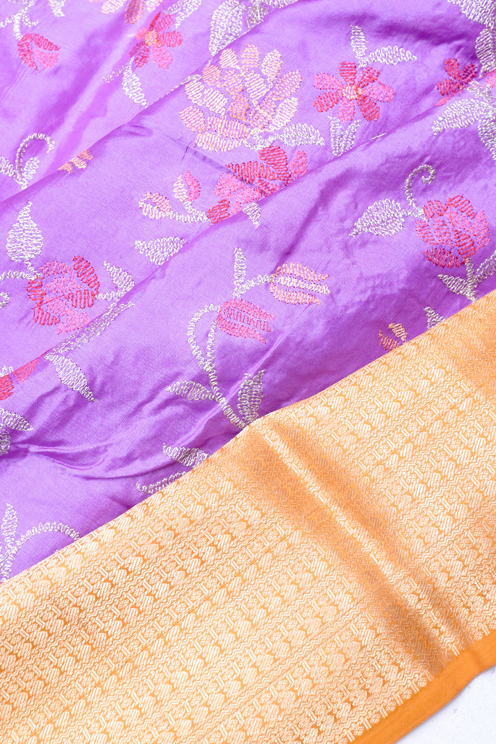 Chiniya Silk Floral Embroidery Lavender Saree