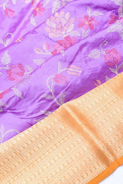 Chiniya Silk Floral Embroidery Lavender Saree