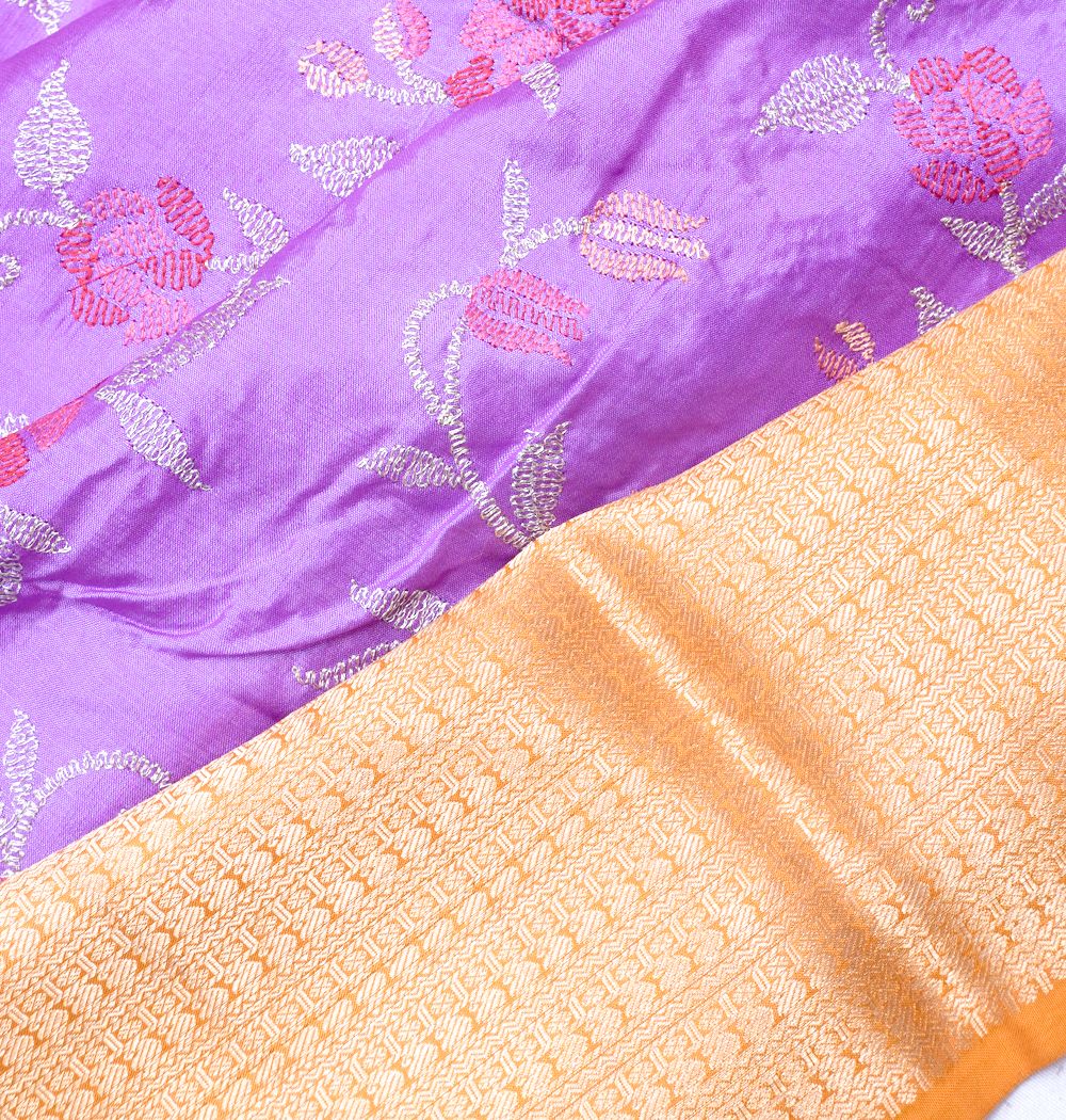Chiniya Silk Floral Embroidery Lavender Saree