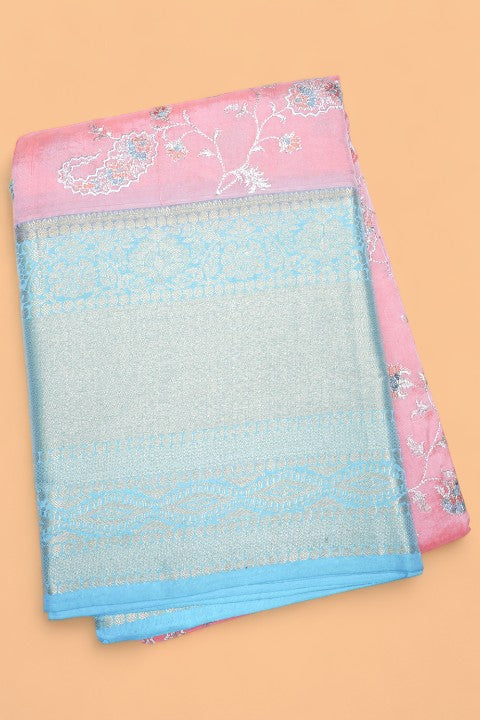Chiniya Silk Floral Embroidery Pink Saree