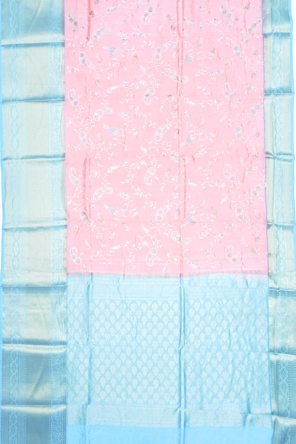 Chiniya Silk Floral Embroidery Pink Saree