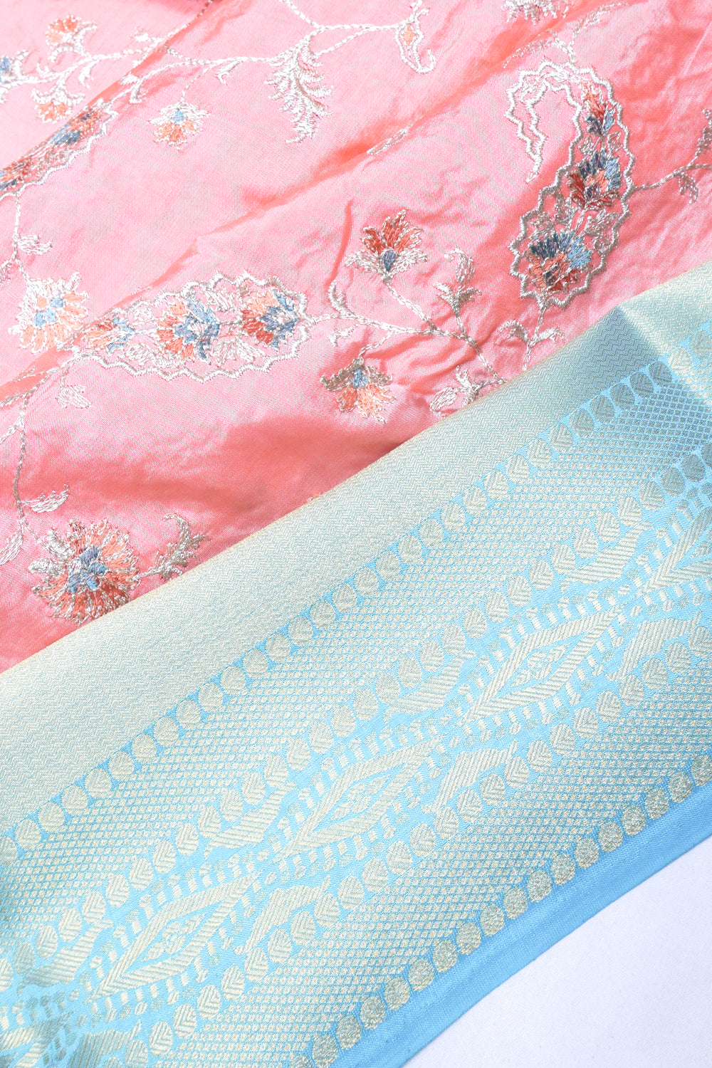 Chiniya Silk Floral Embroidery Pink Saree