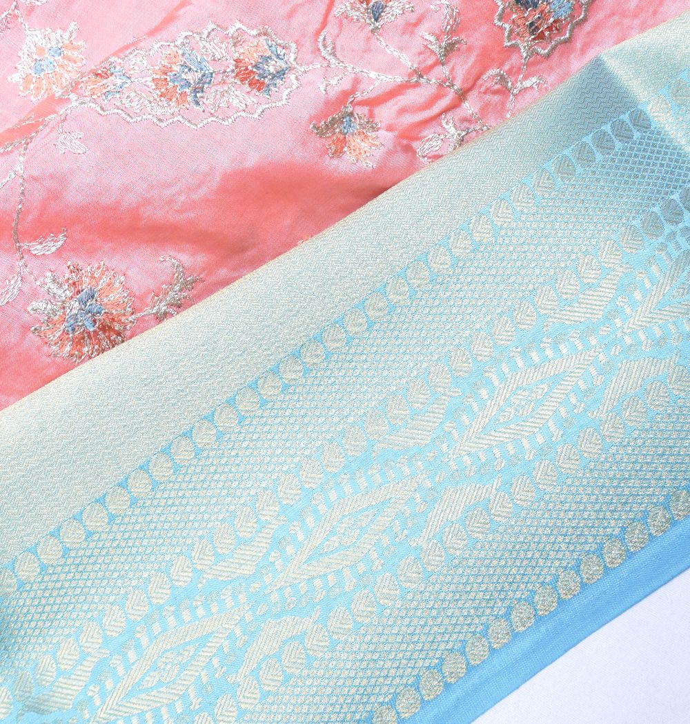 Chiniya Silk Floral Embroidery Pink Saree
