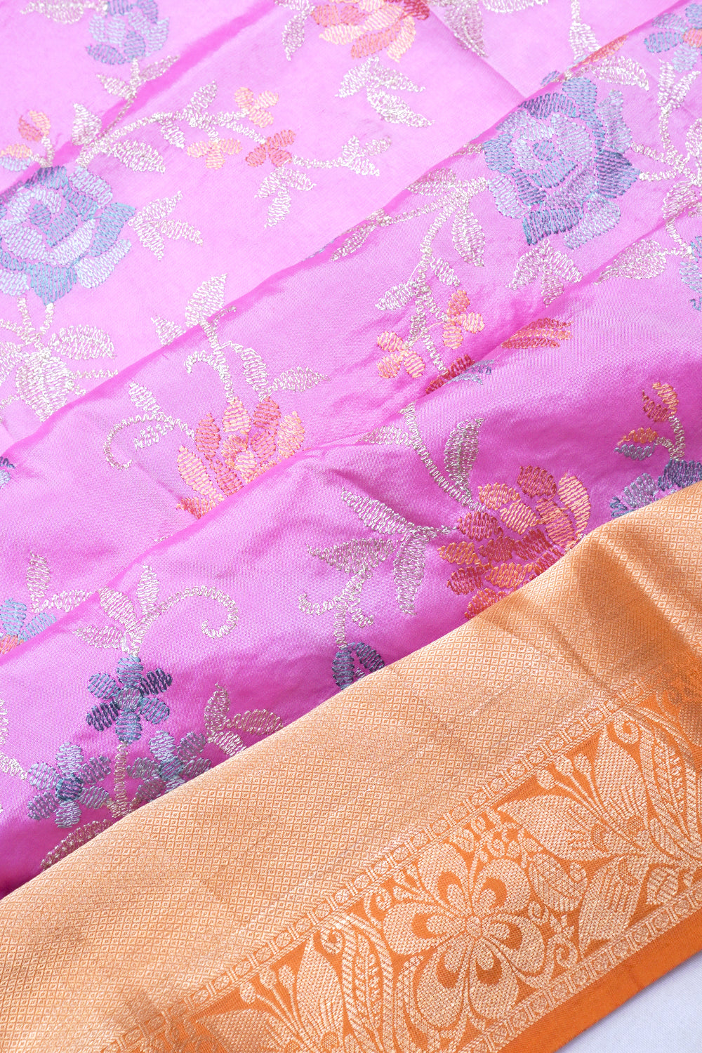 Chiniya Silk Floral Embroidery Pink Saree
