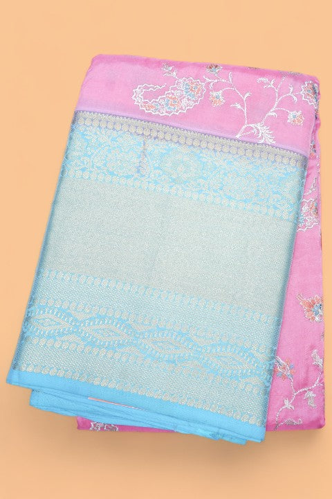 Chiniya Silk Floral Embroidery Pink Saree