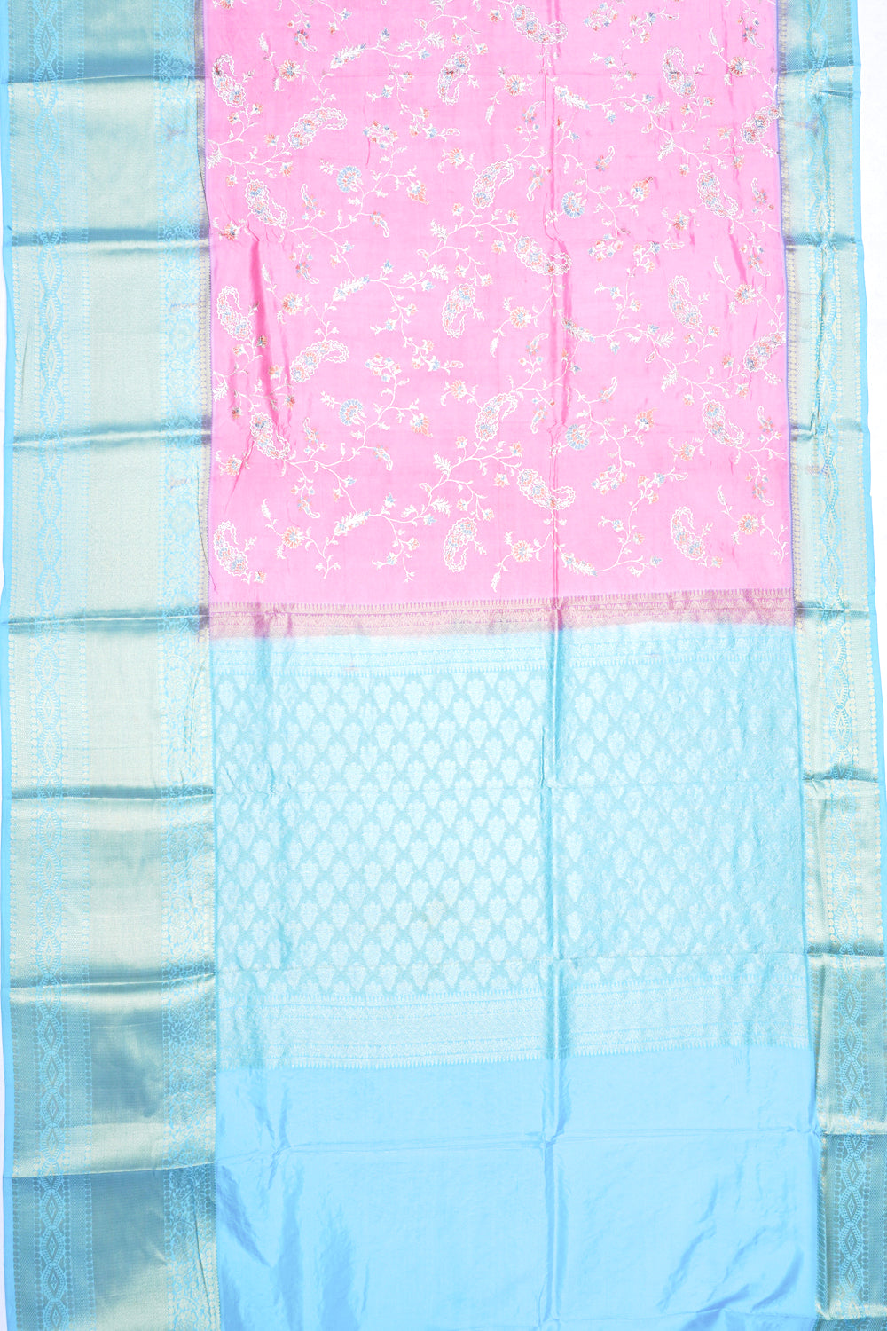 Chiniya Silk Floral Embroidery Pink Saree