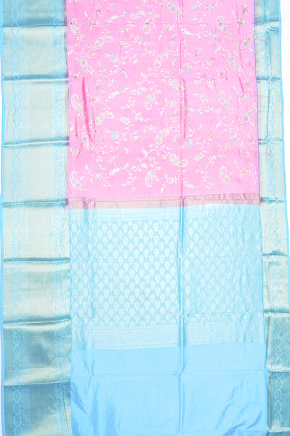 Chiniya Silk Floral Embroidery Pink Saree