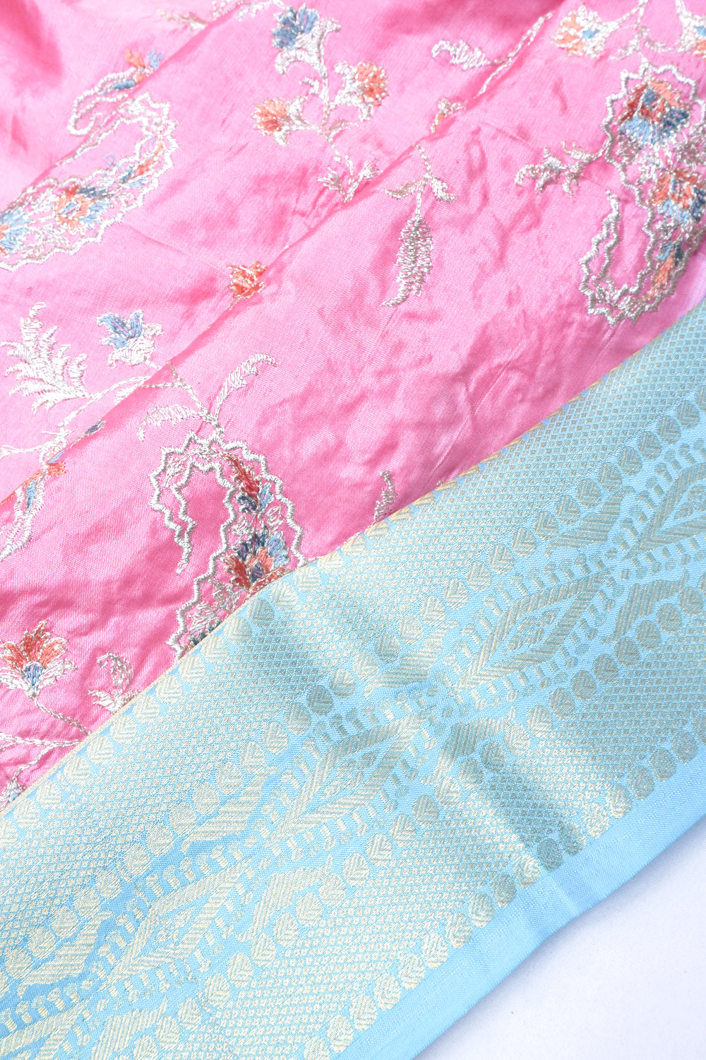 Chiniya Silk Floral Embroidery Pink Saree
