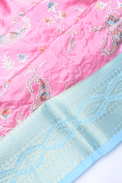 Chiniya Silk Floral Embroidery Pink Saree