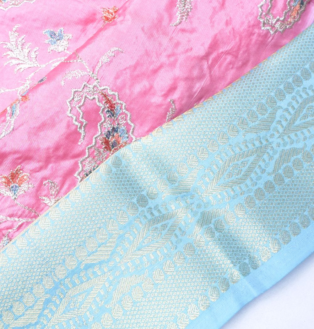 Chiniya Silk Floral Embroidery Pink Saree