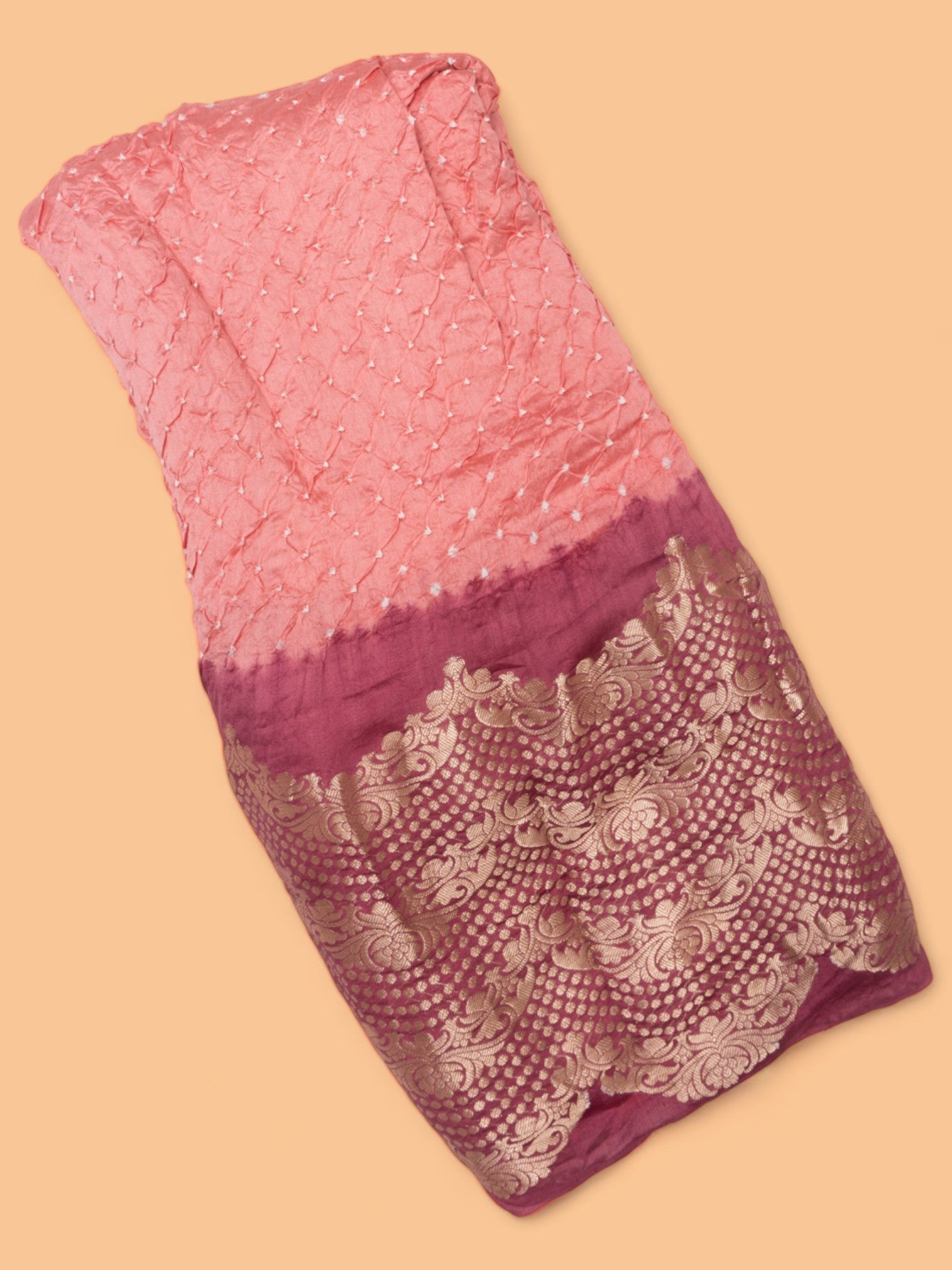 Chiniya Silk Bandhani Peach Saree