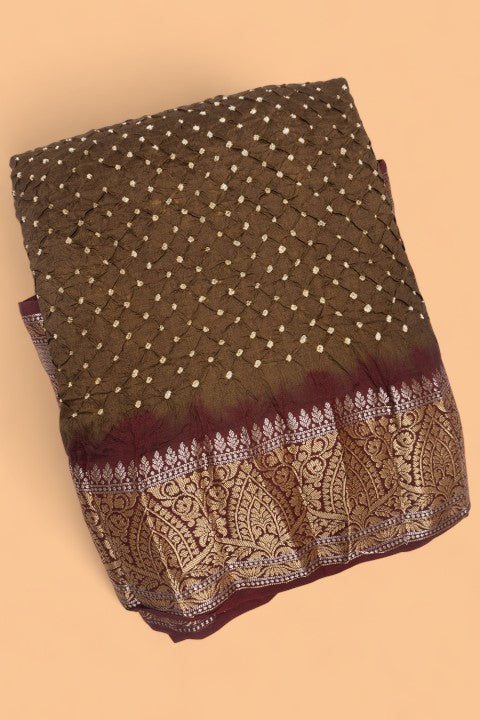 Chiniya Silk Bandhani Mehendi Green Saree