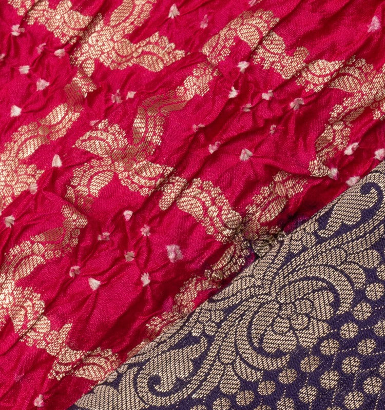 Chiniya Silk Bandhani Checks Rani Pink Saree
