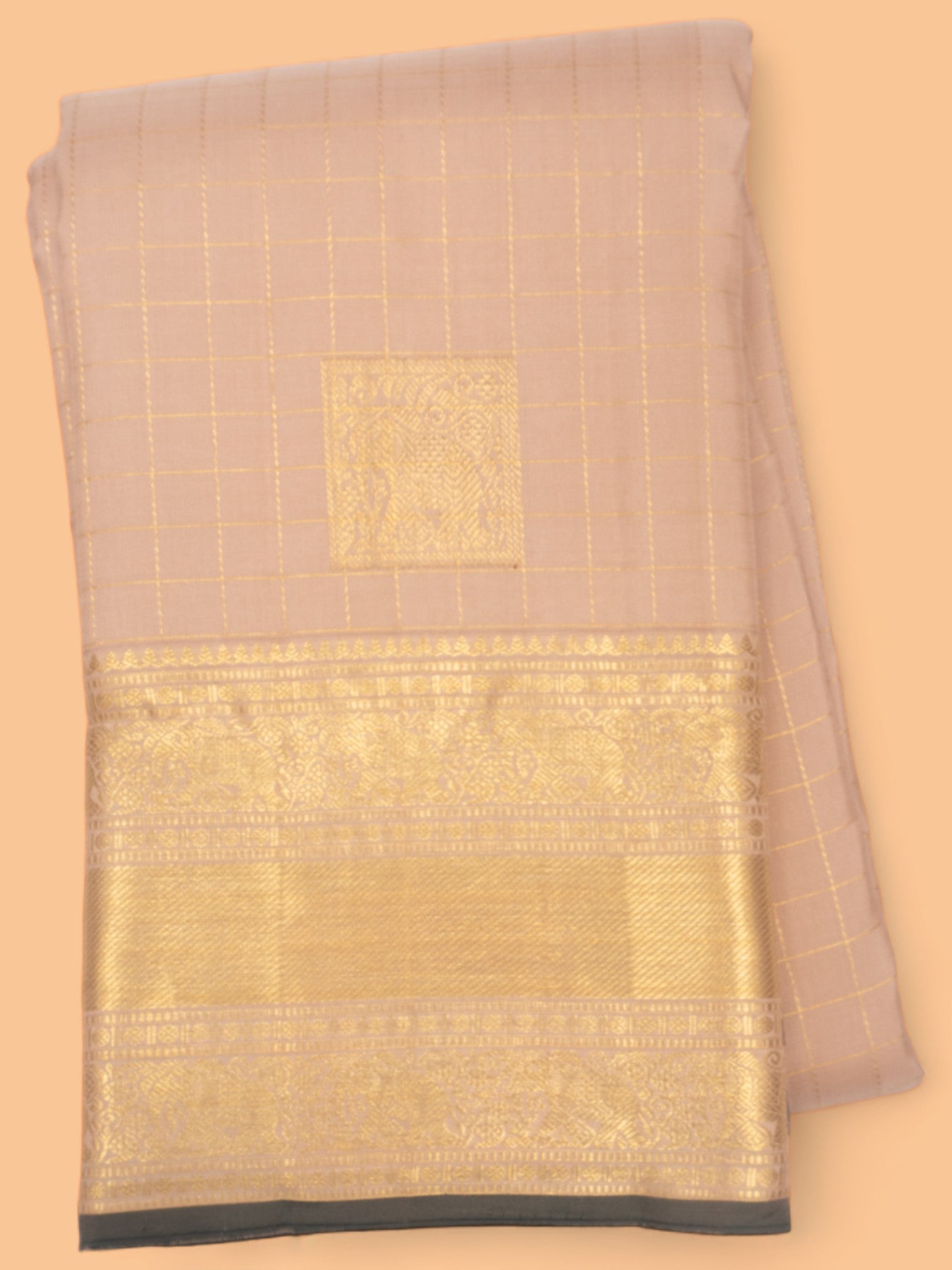 Kanchipuram Silk Checks And Butta Cream Saree