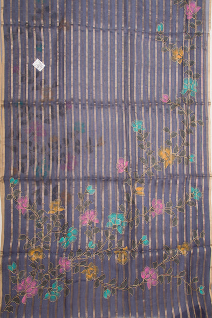 Organza Silk Horizontal Lines Stale Blue Saree