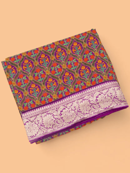 Chanderi Silk Printed Purple Saree With Banarasi Border