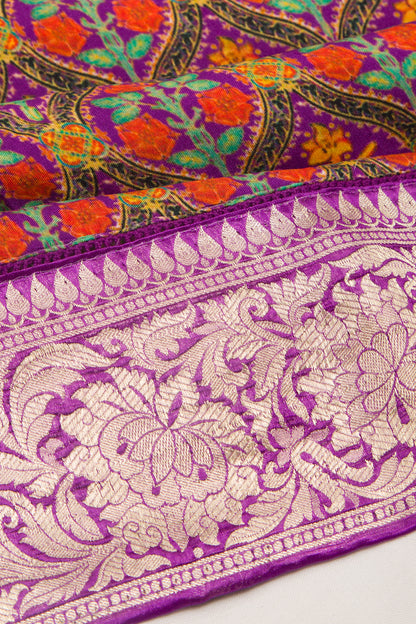 Chanderi Silk Printed Purple Saree With Banarasi Border