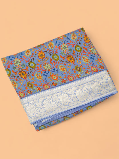 Chanderi Silk Printed Blue Saree With Banarasi Border