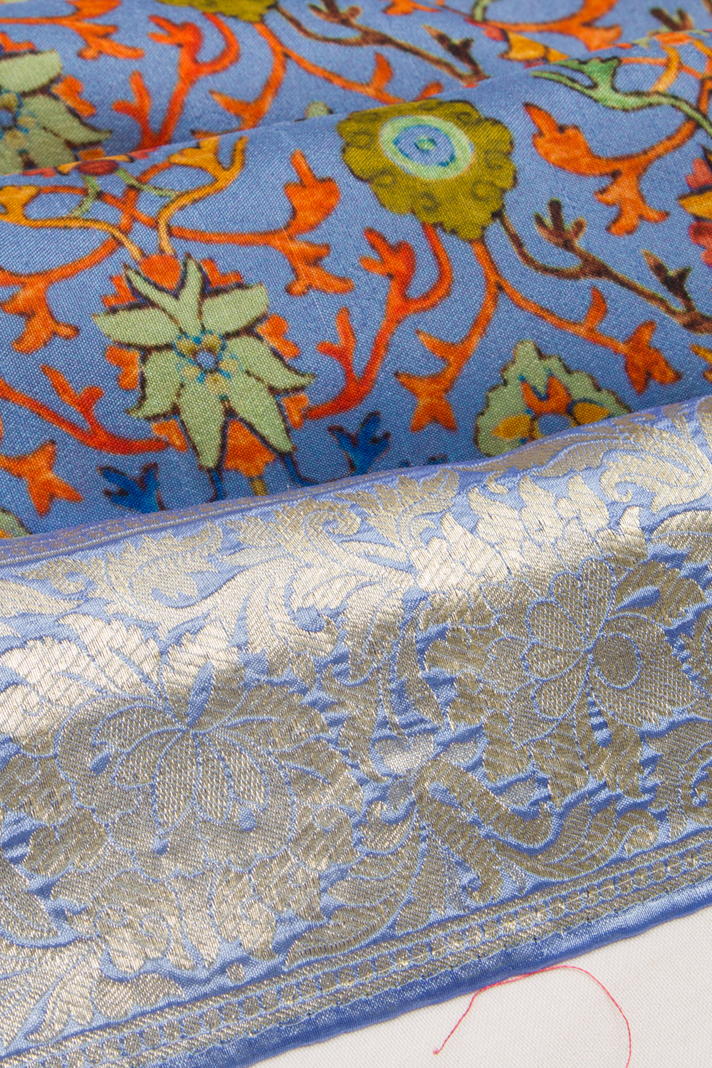 Chanderi Silk Printed Blue Saree With Banarasi Border