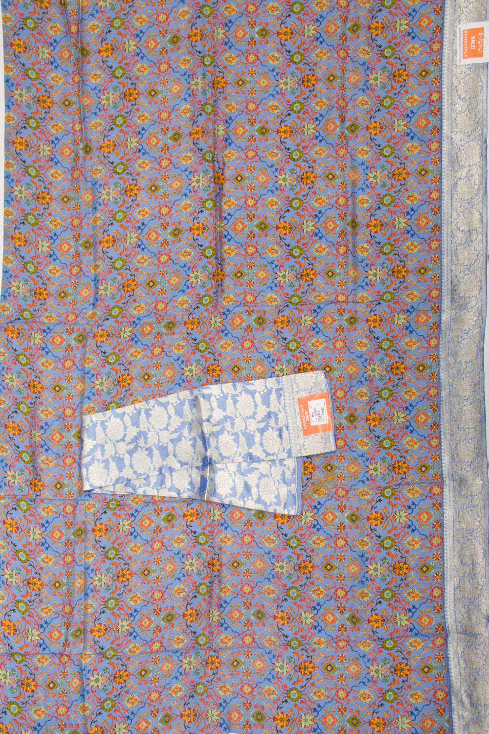 Chanderi Silk Printed Blue Saree With Banarasi Border