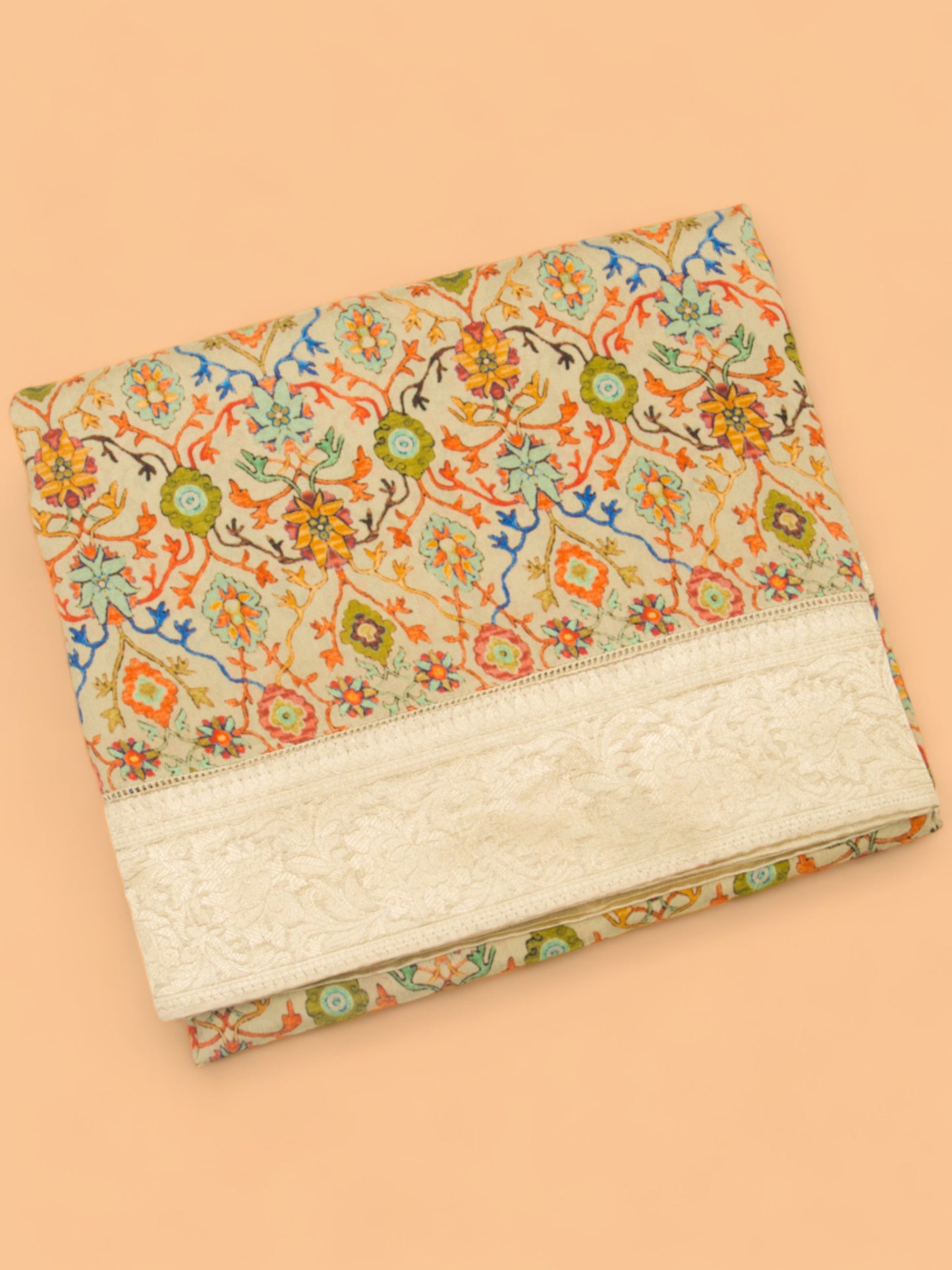 Chandaeri Silk Printed Cream Saree With Banarasi Border