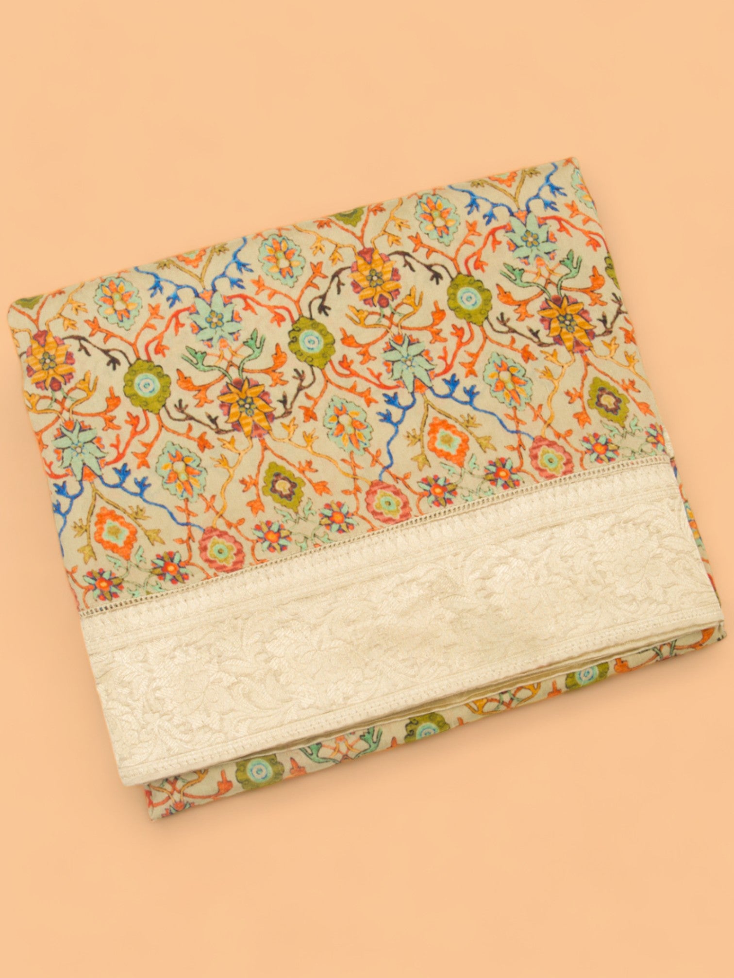 Chandaeri Silk Printed Cream Saree With Banarasi Border