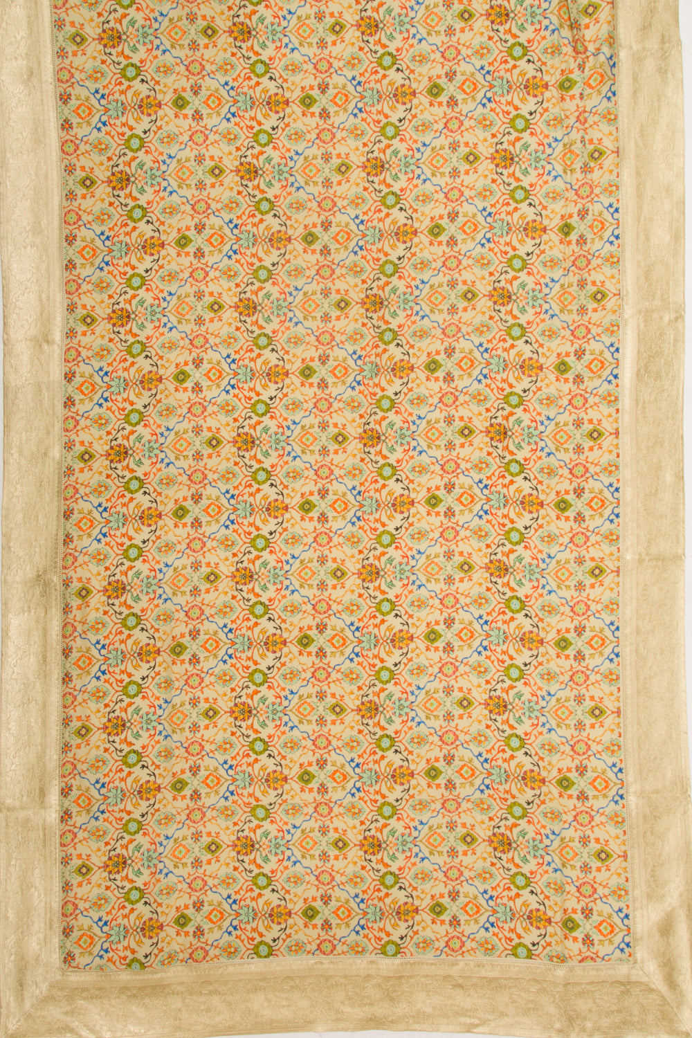 Chandaeri Silk Printed Cream Saree With Banarasi Border