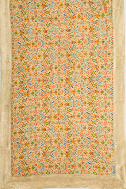 Chandaeri Silk Printed Cream Saree With Banarasi Border