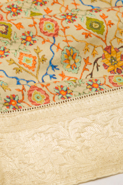 Chandaeri Silk Printed Cream Saree With Banarasi Border