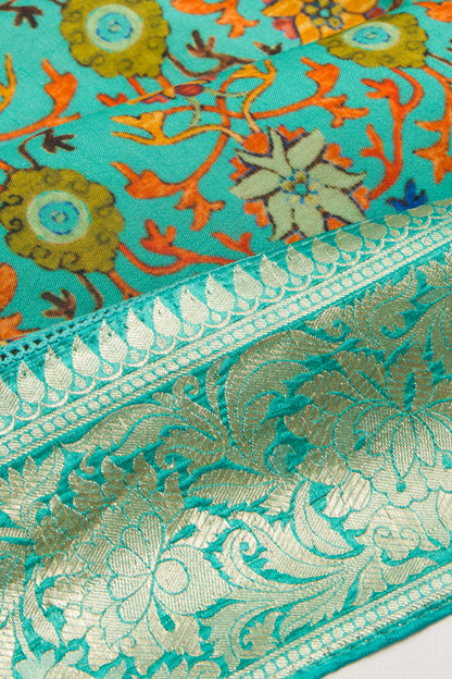Chanderi Silk Printed Green Saree With Banarasi Border