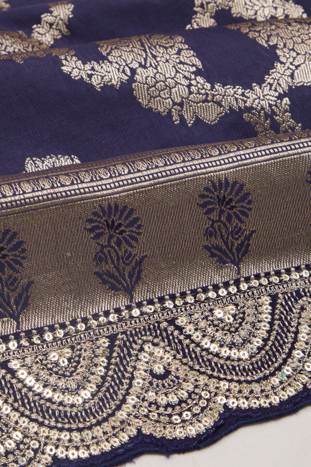 Banarasi Silk Jaal Dark Blue Saree With Embroidery Border