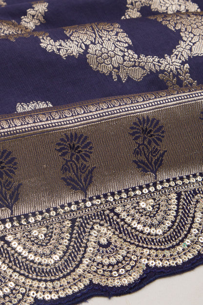 Banarasi Silk Jaal Dark Blue Saree With Embroidery Border
