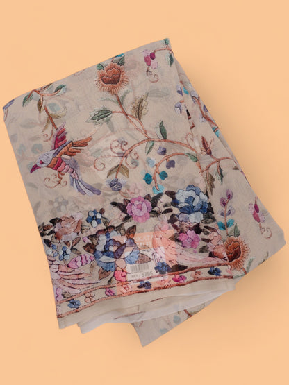 Georgette Floral Printed Cream Saree