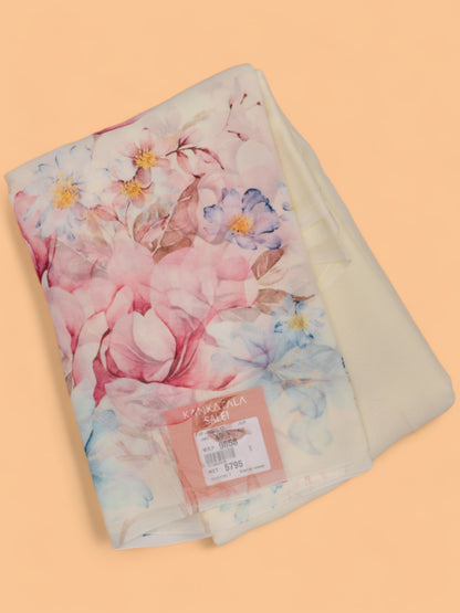 Georgette Plain Pale Yellow Saree With Printed Border And Pallu