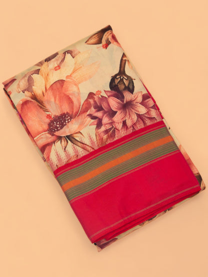 Soft Silk Floral Printed Cream Saree