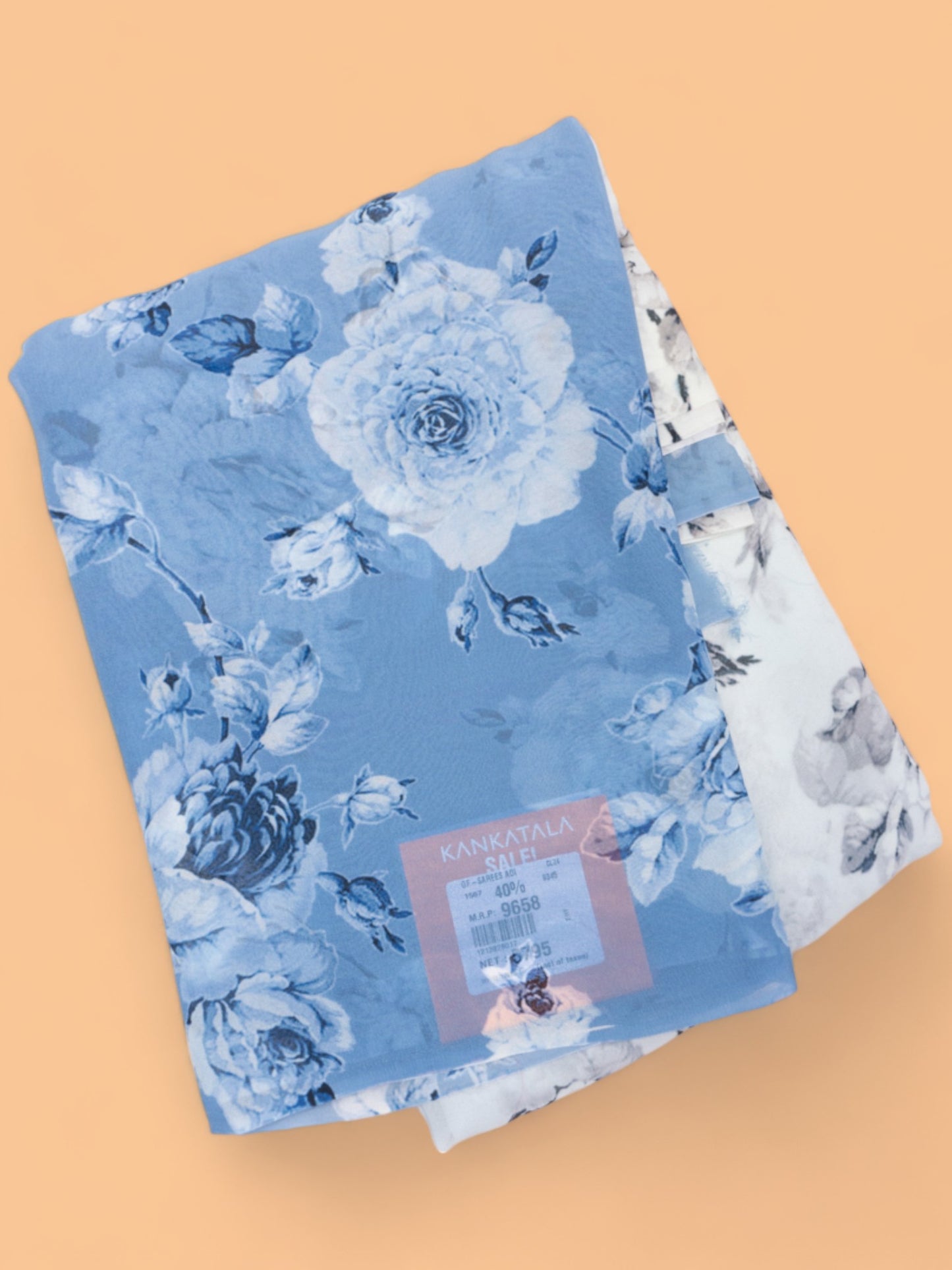 Satin Georgette Floral Printed Pastel Blue And White Saree