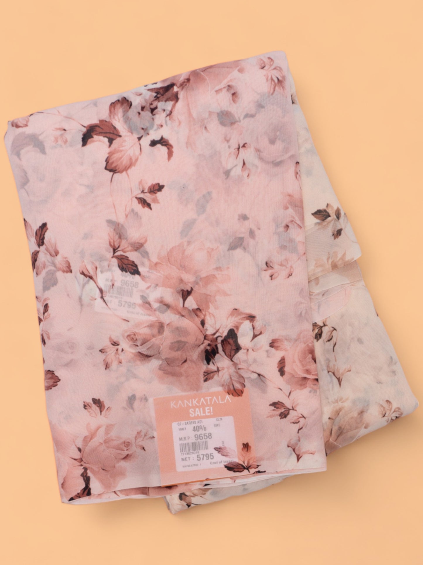 Satin Georgette Floral Printed Peach And Cream Saree