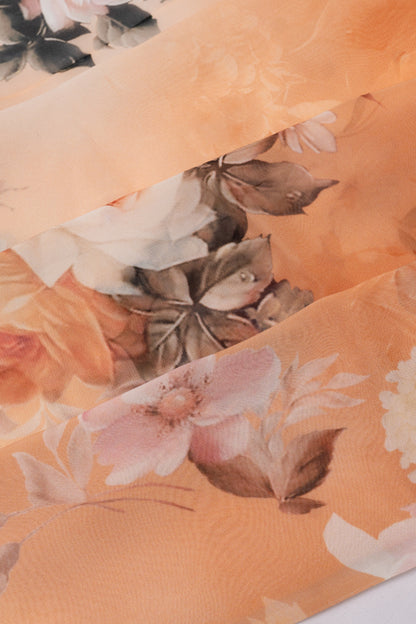 Satin Georgette Floral Printed Pastel Orange Saree