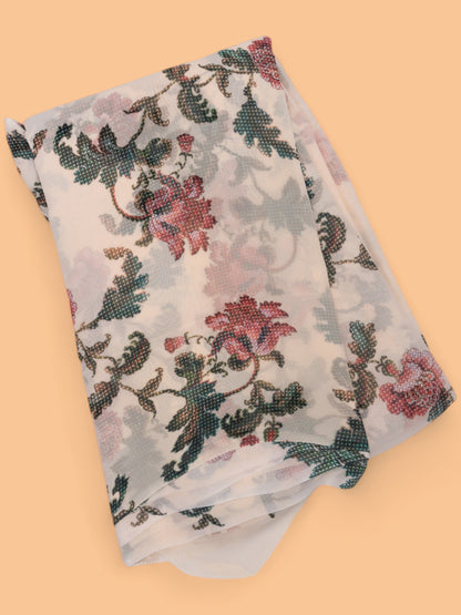 Satin Georgete Floral Printed Cream Saree