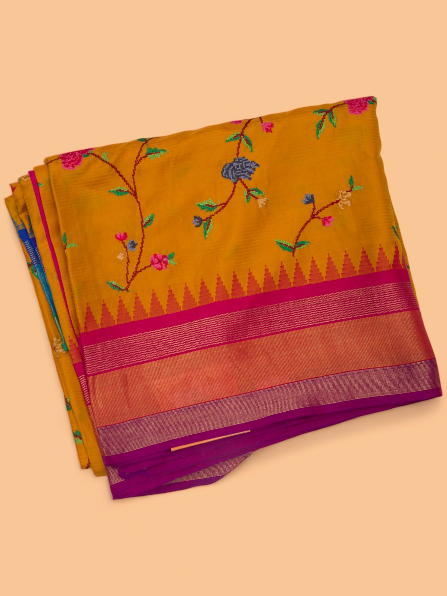 Banarasi Silk Floral Embroidery Mustard Saree With Ganga Jamuna Border